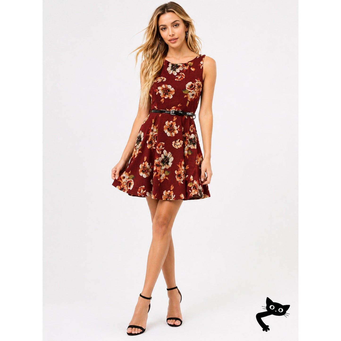 Grunge Y2k Iris Red Wine Floral belted Fit & Flare Sleeveless Knit Dress Small