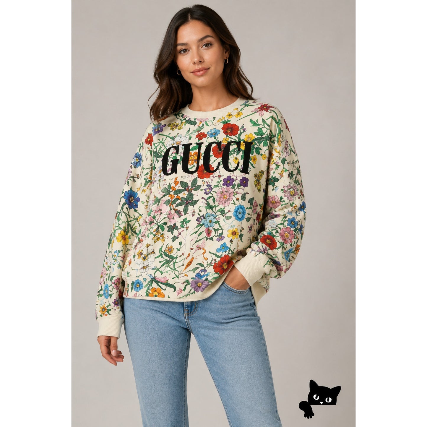 Gucci Flora Print Oversized Crewneck Sweatshirt Cream Women M