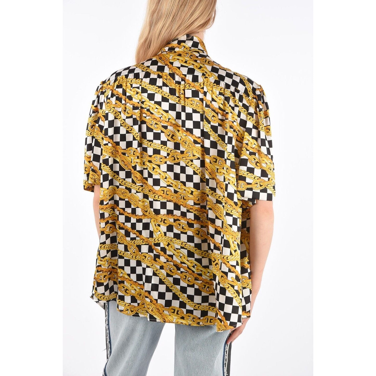 Balenciaga Black White Gold Checked Chain Print Short Sleeve Tie Neck Blouse 40
