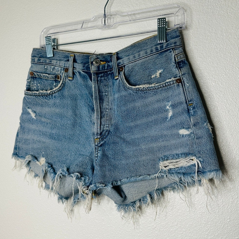 AGOLDE Medium Blue Raw Hem Distressed Button Fly Cut Off Jean Shorts 28