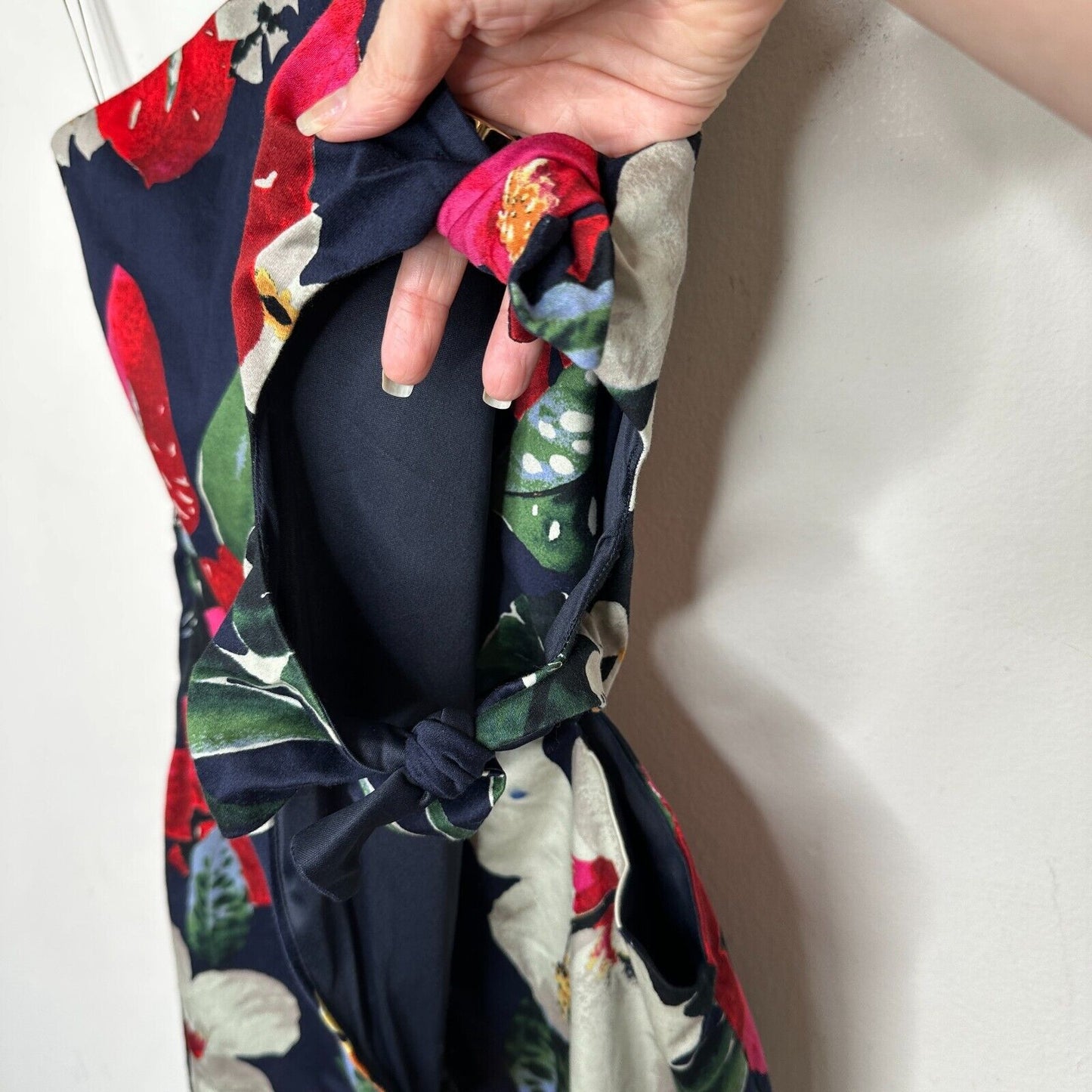 Zara Navy Red White Floral 3 Side Tie One Shoulder Mini Dress Side Zip Medium