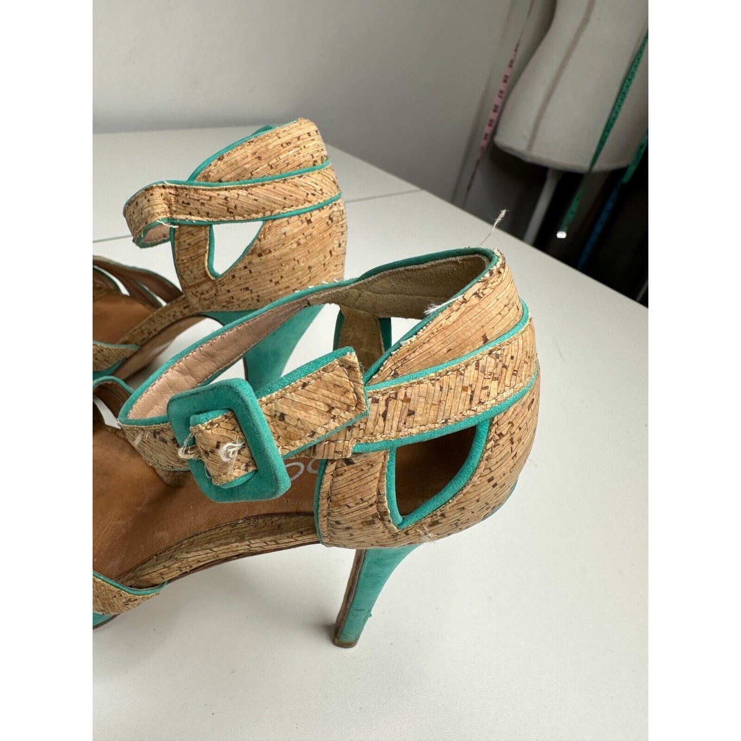 Aldo Platform Turquoise Suede & Tan Cork Stiletto Heel Ankle Strap Sandal 5.5