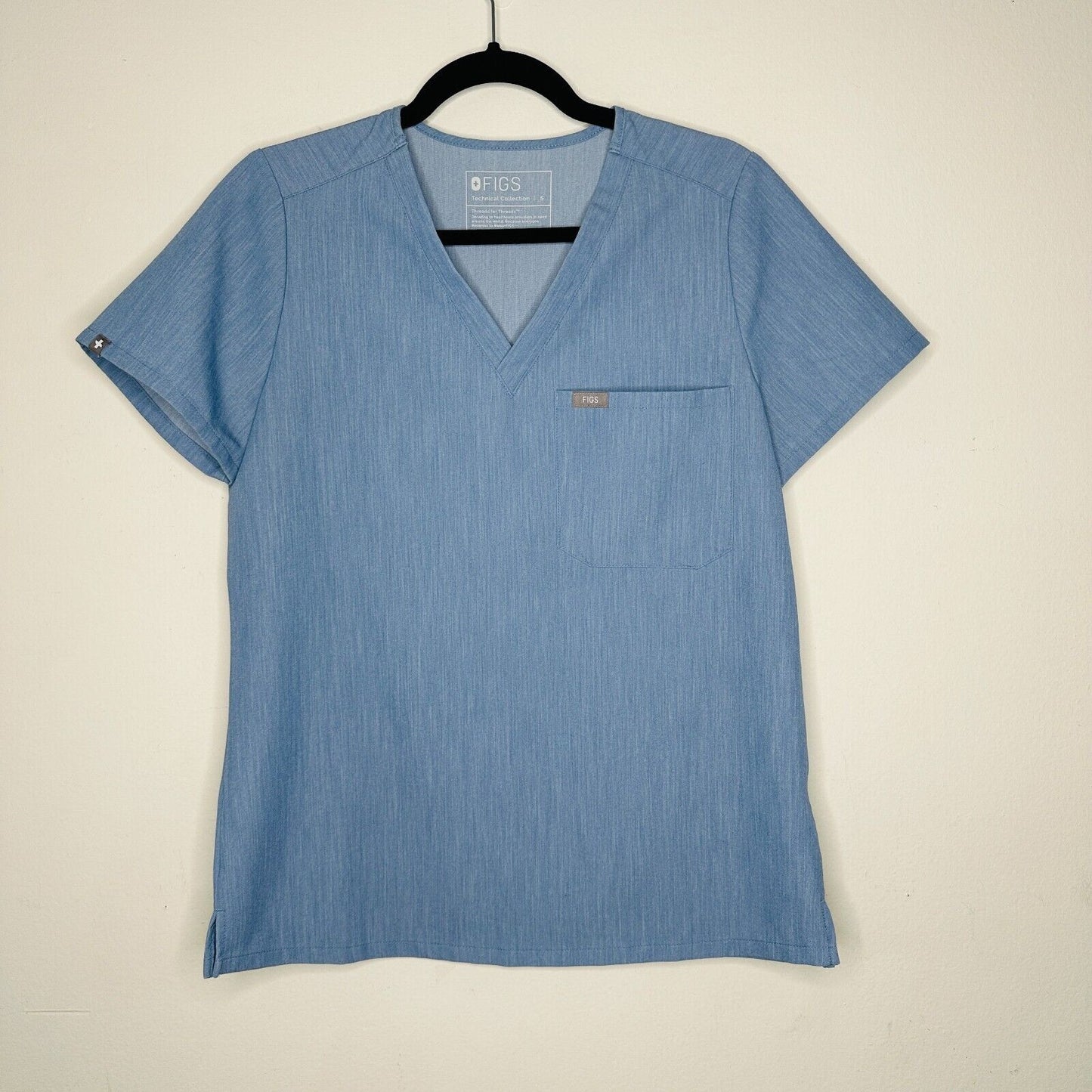 Figs Denim Blue Catarina VNeck Split Hem Short Sleeve Top S
