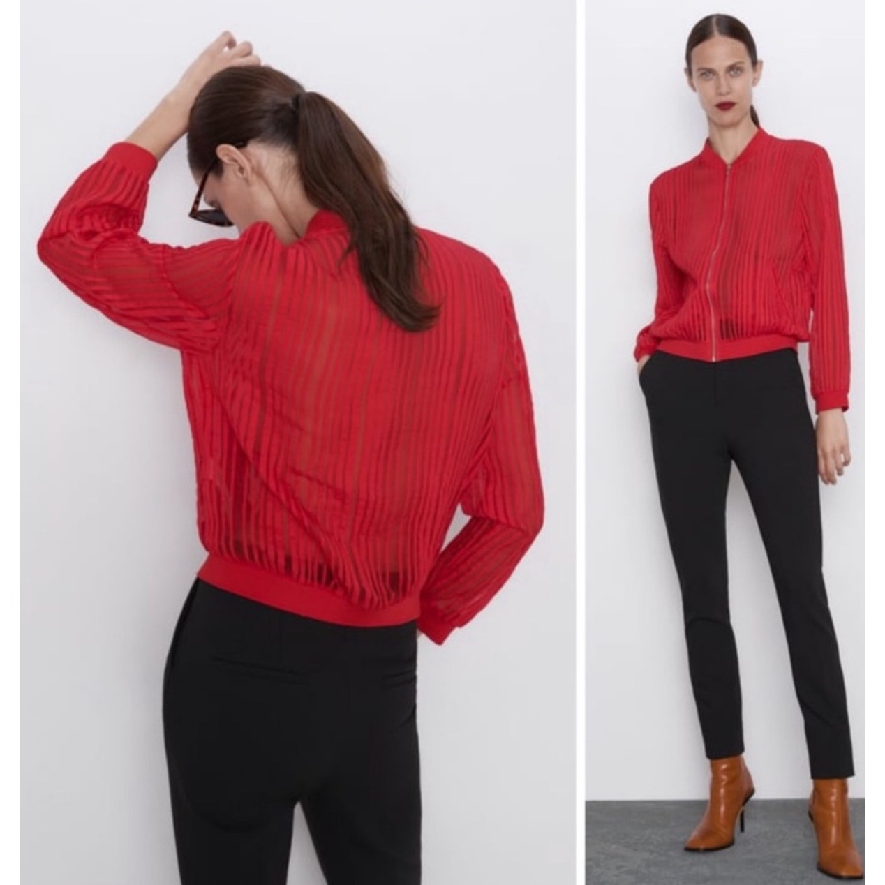 Zara Red Organza Sheer Striped Bomber Jacket Front Zip XS