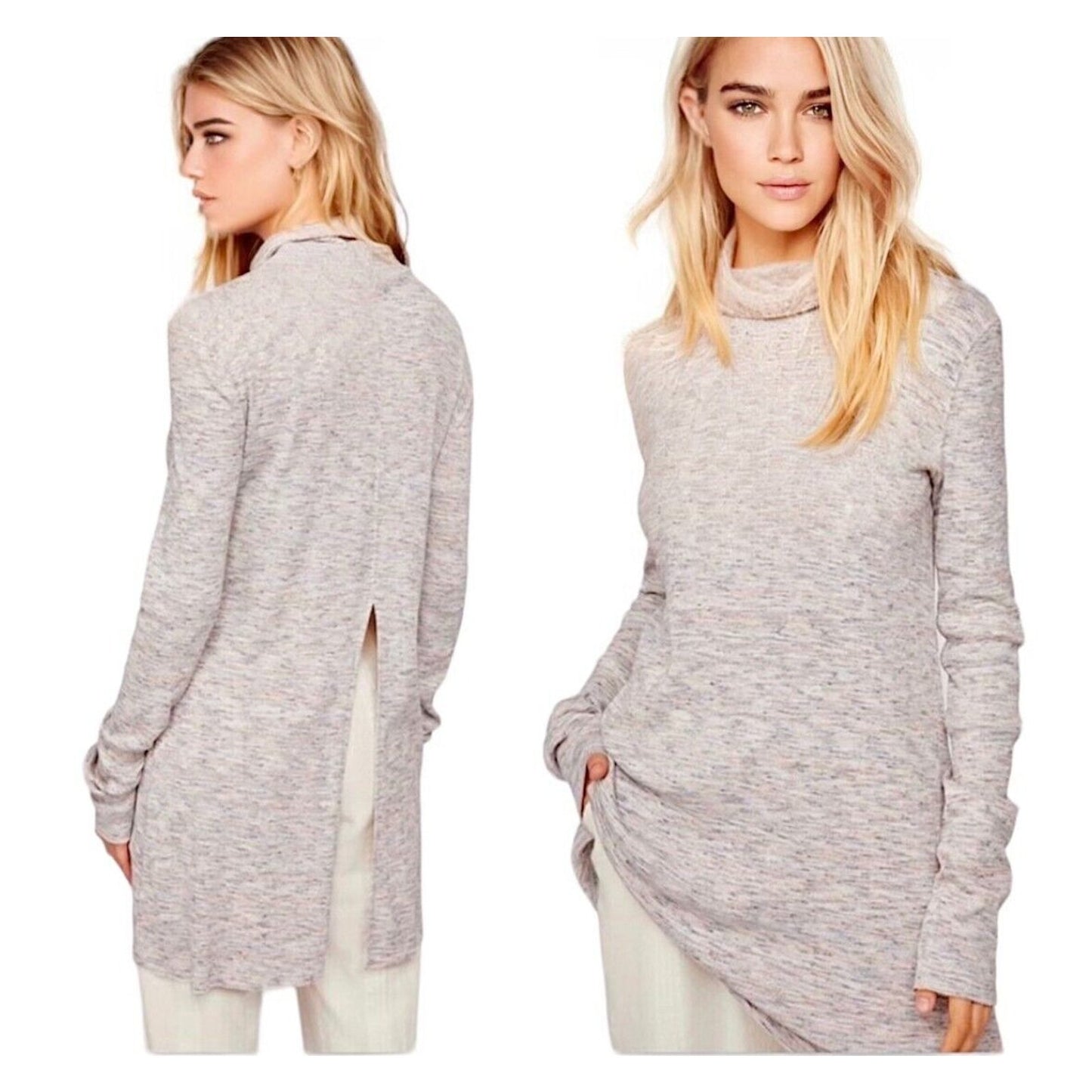 We The Free Ivory Multi-Color Long Sleeve Open Back Turtleneck Tunic Medium