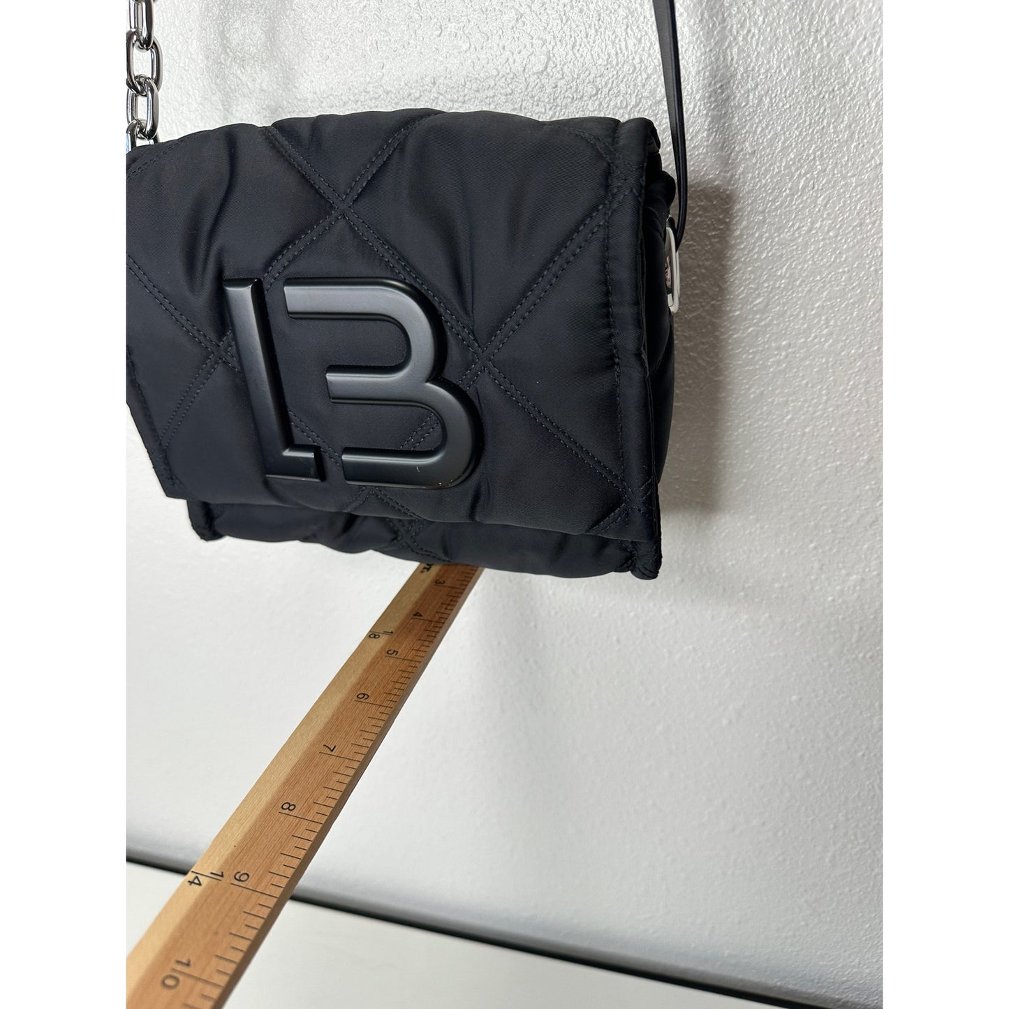 BYL Small Black Padded Nylon Crossbody Bag Leather & Chain Strap