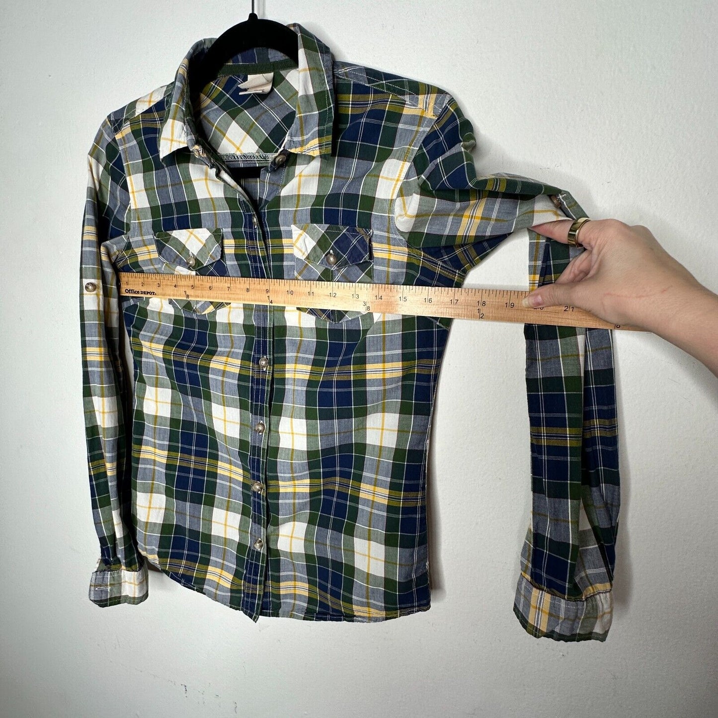 Mossimo Supply Green Blue Yellow White Plaid Button Front Long Sleeve Shirt SM