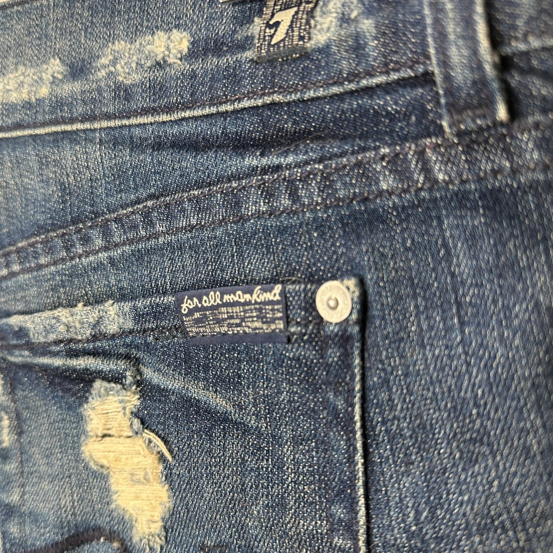 7 For All Mankind Dark Blue Distressed Low Rise Raw Hem Jean Shorts 29