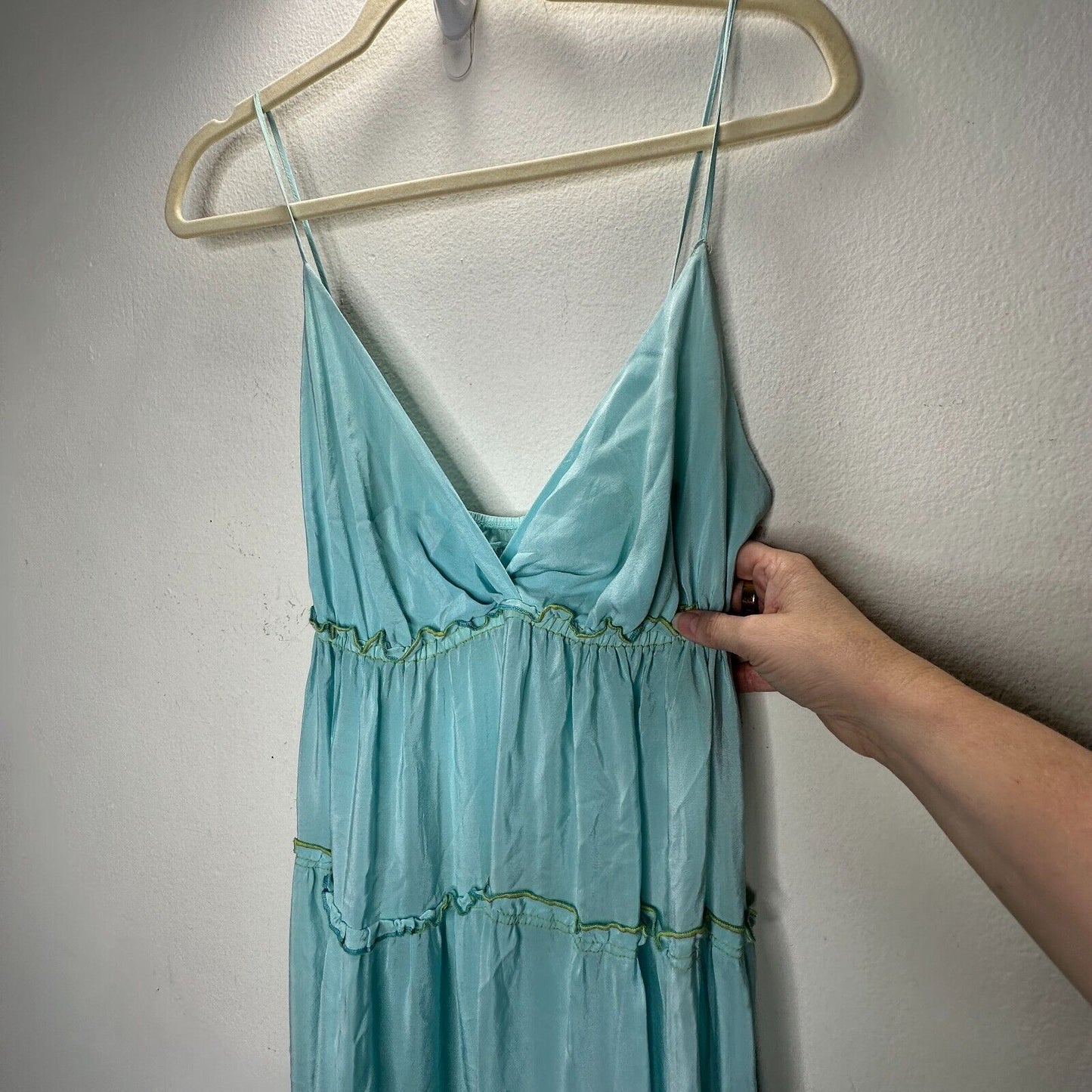 V Sierra 100% Silk Muted Aqua Spaghetti Strap V-Neck Tiered Ruffle Maxi Dress S