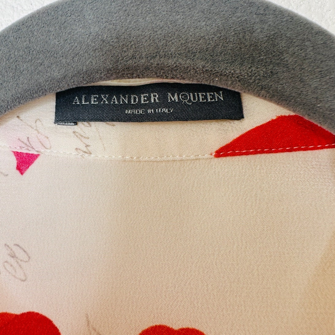Alexander McQueen Silk Cream Red Pink Petal Long Sleeve Blouse 42 / 10