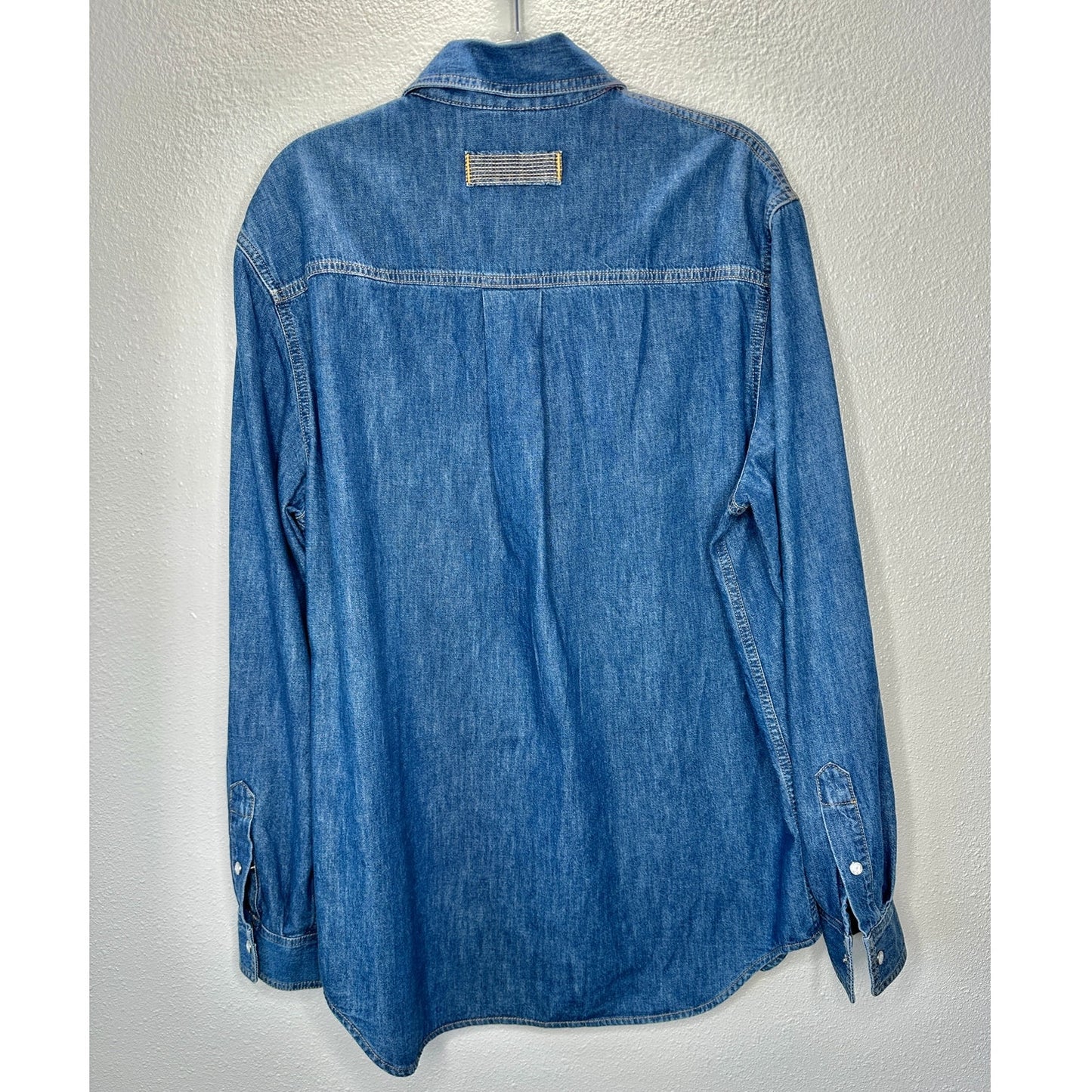Versace Blue Denim Long Sleeve Pearl Snap Yellow Versace Logo Shirt 41 / Medium