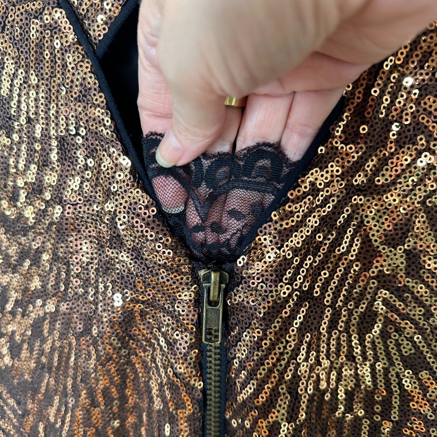 Bebe Copper Bronze Metallic Sequin Strappy Mini Dress Criss Cross Back Zip M