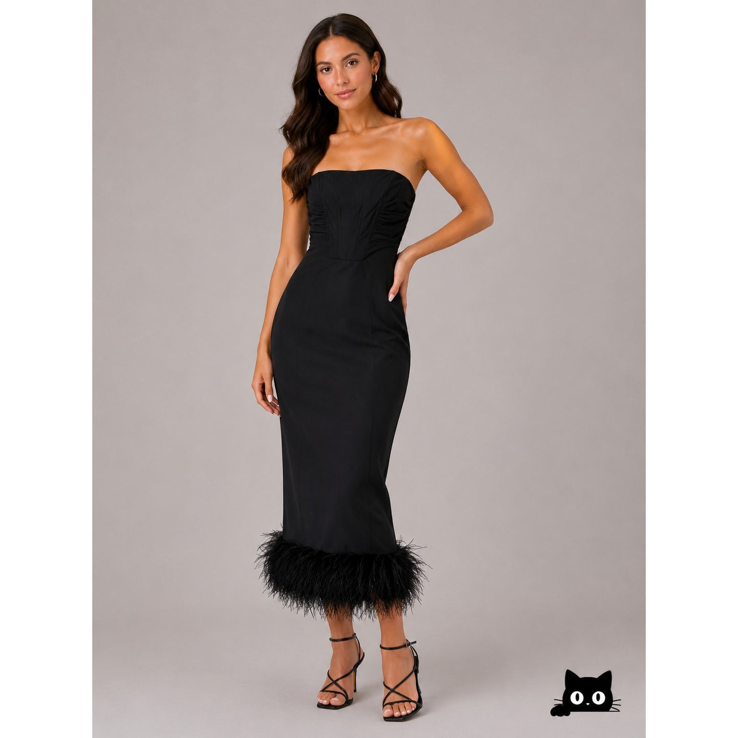 Klesis Black Kori Strapless Midi Feathered Bottom Boned Corset Zip Back Large
