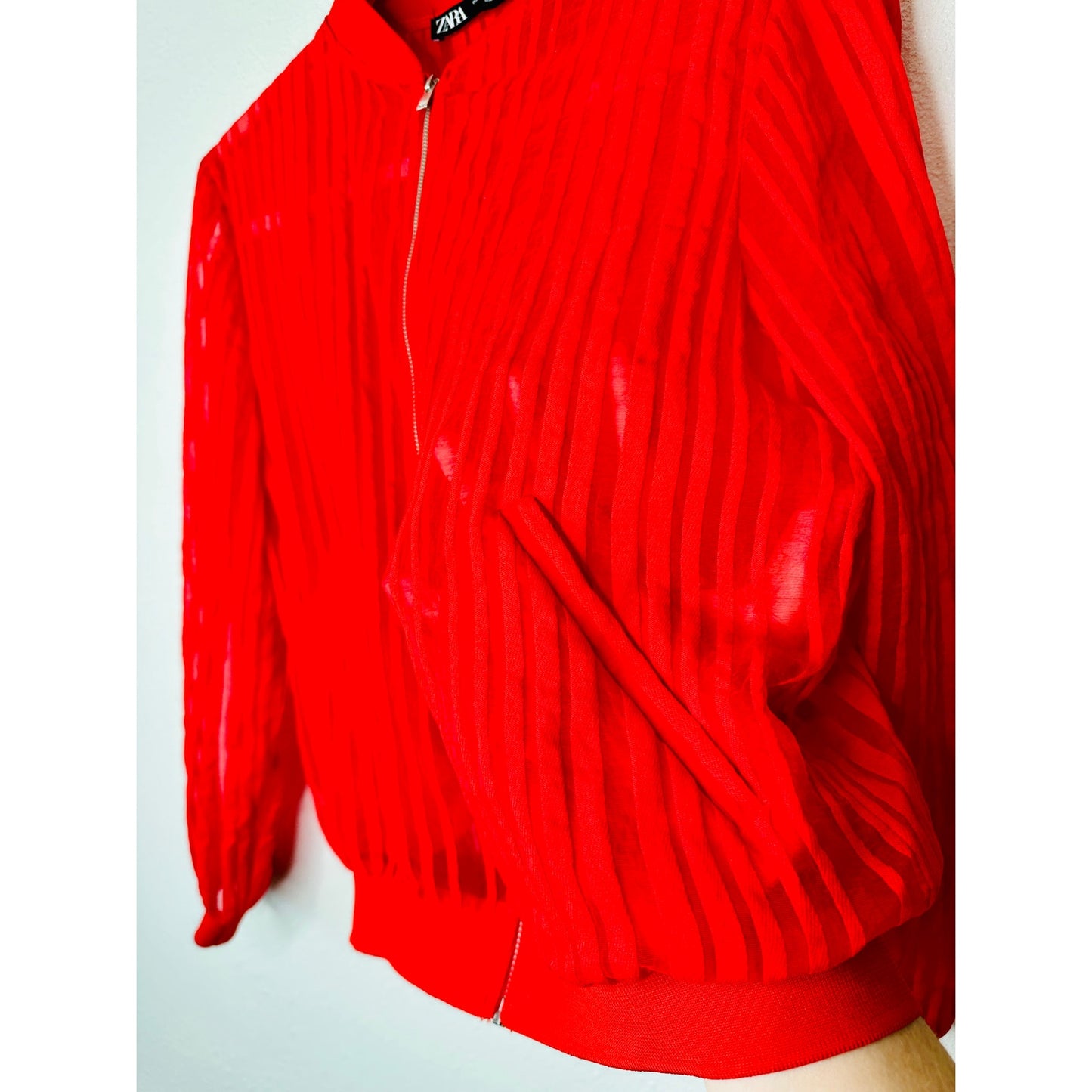Zara Red Organza Sheer Striped Bomber Jacket Front Zip XS