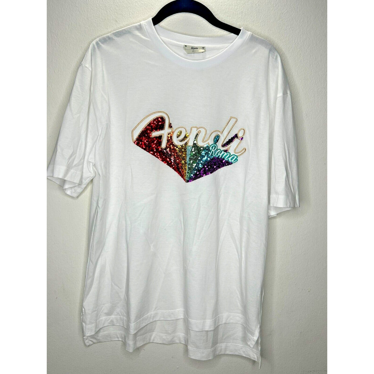 Fendi White Short Sleeve Round Neck Rainbow Sequined Fendi Roma Graphic Tee L