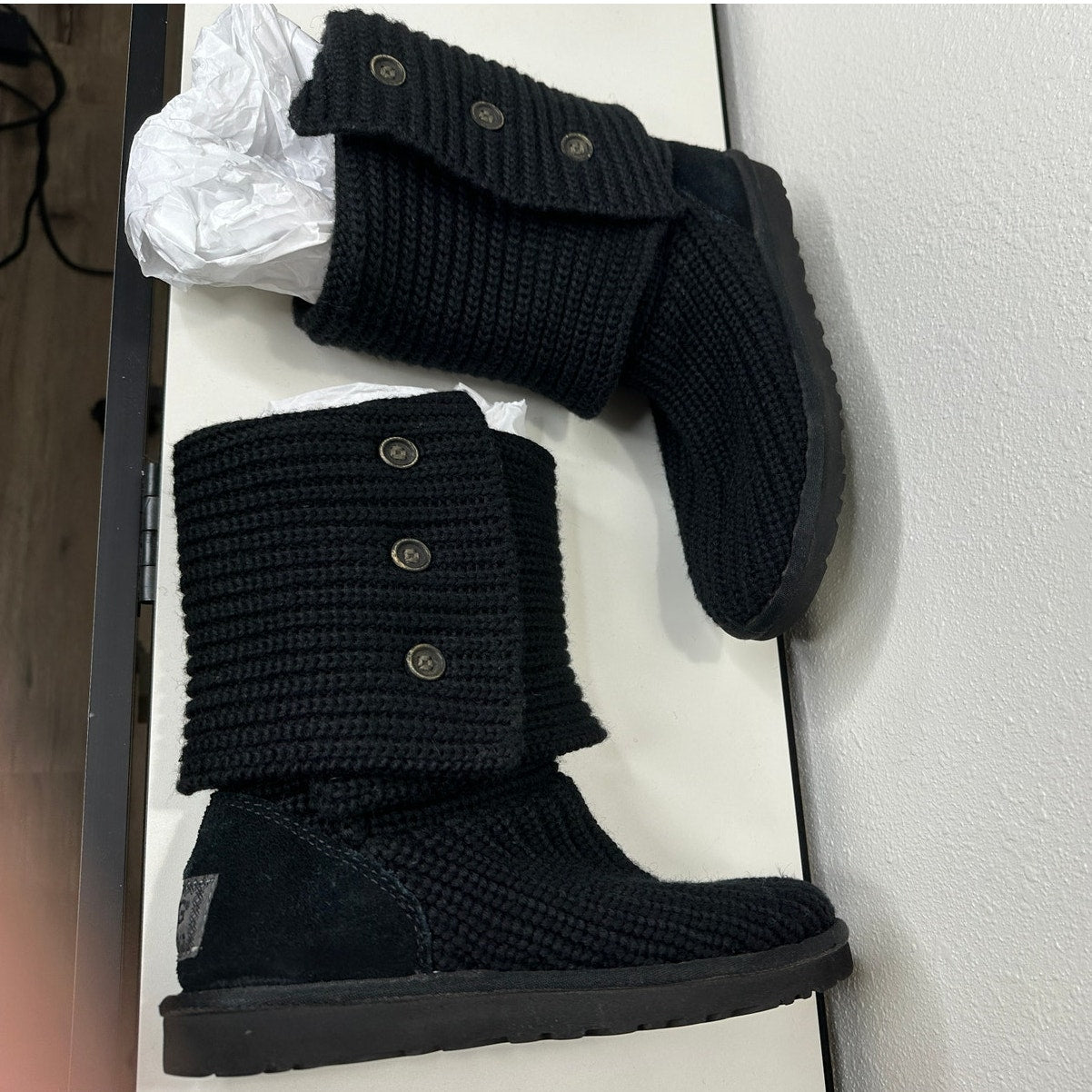 Ugg Black Cardy Classic Knitted Sweater Tall Foldover Button Boot 7
