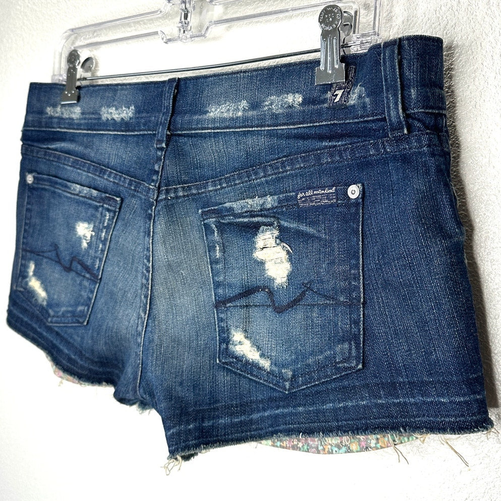 7 For All Mankind Dark Blue Distressed Low Rise Raw Hem Jean Shorts 29