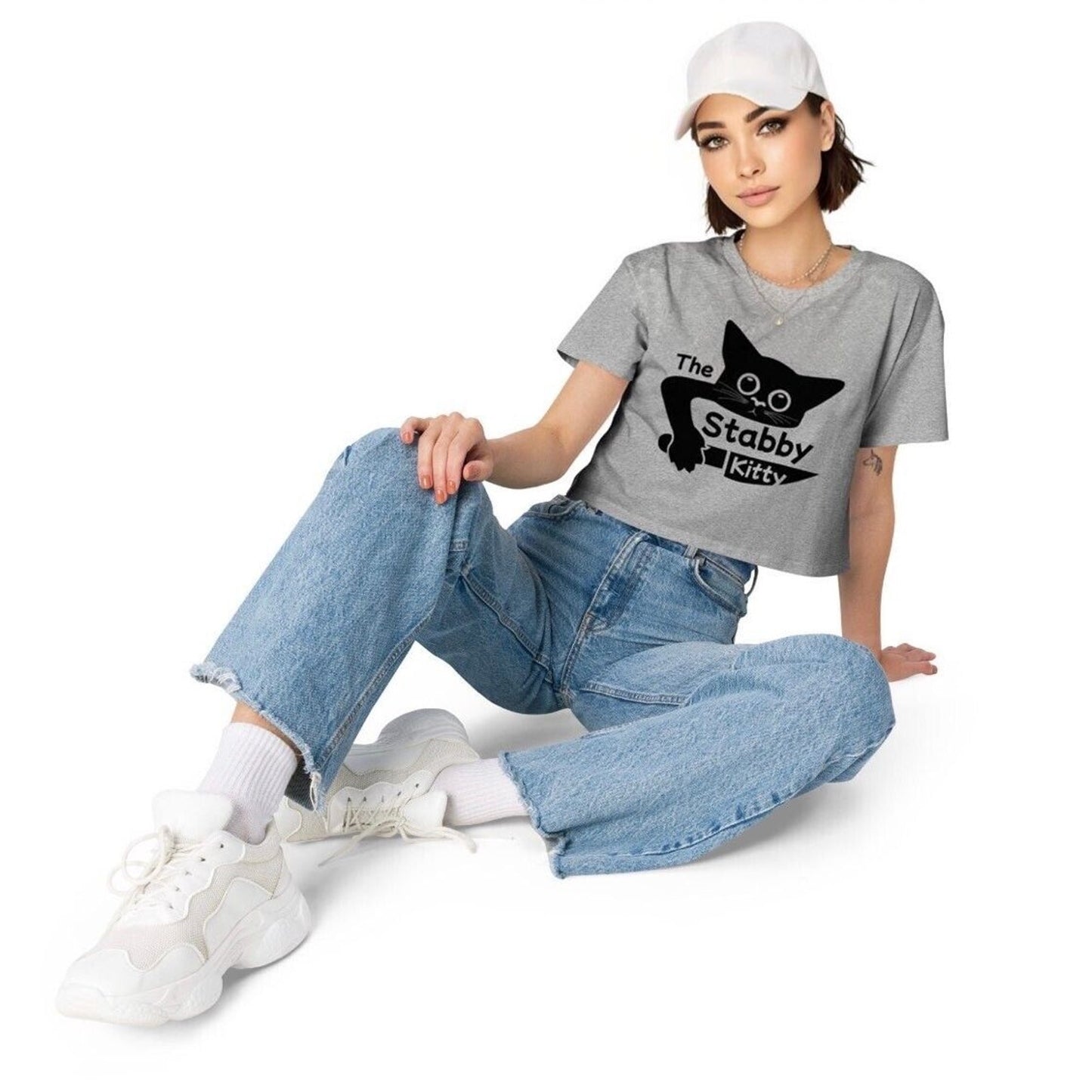 The Stabby Kitty® Soft Cotton Gray & Black Logo Relaxed Drop Shoulder Crop Small