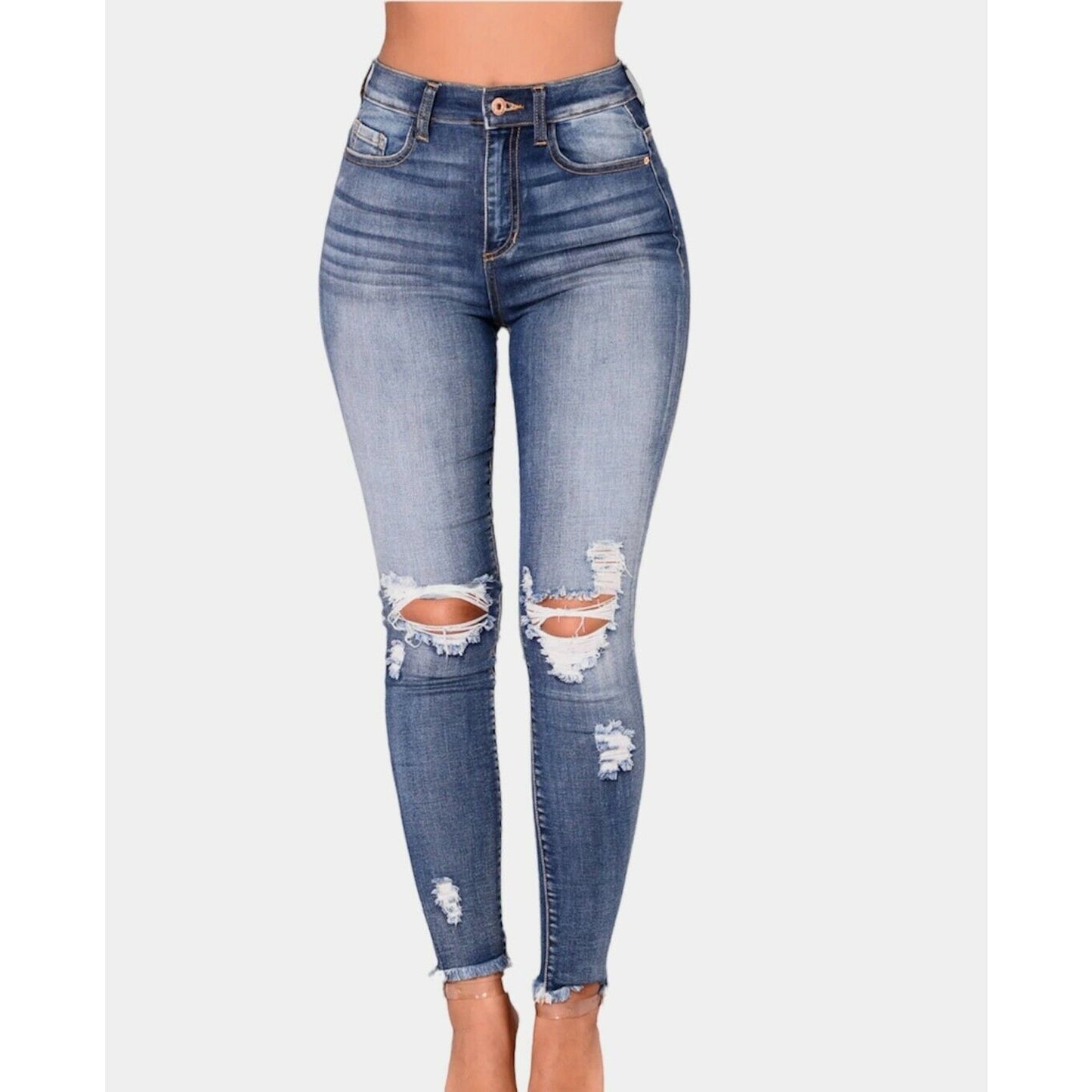 Fashion Nova Smiley High-Rise Distress Knees Jean Medium Blue Wash Raw Hem 7