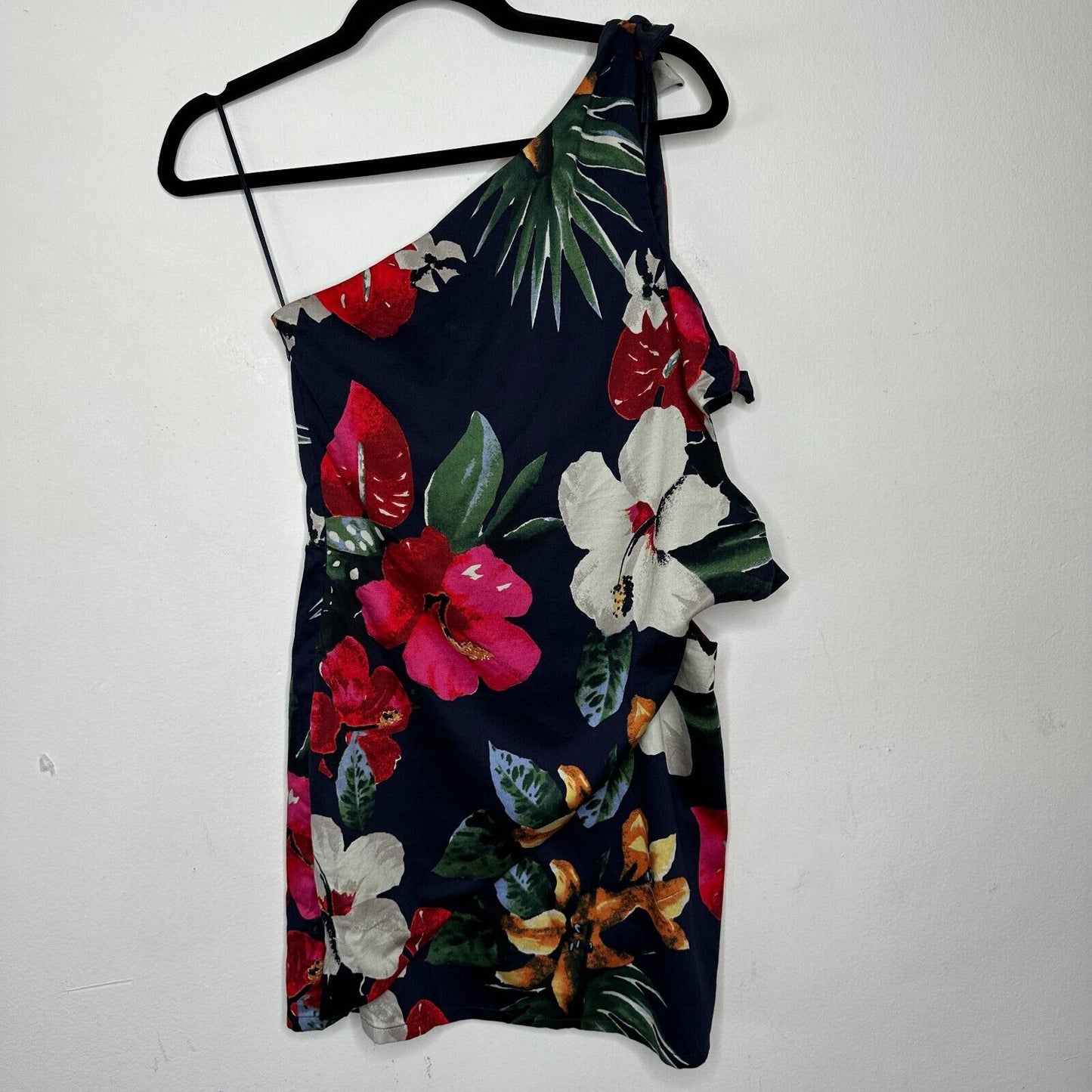 Zara Navy Red White Floral 3 Side Tie One Shoulder Mini Dress Side Zip Medium