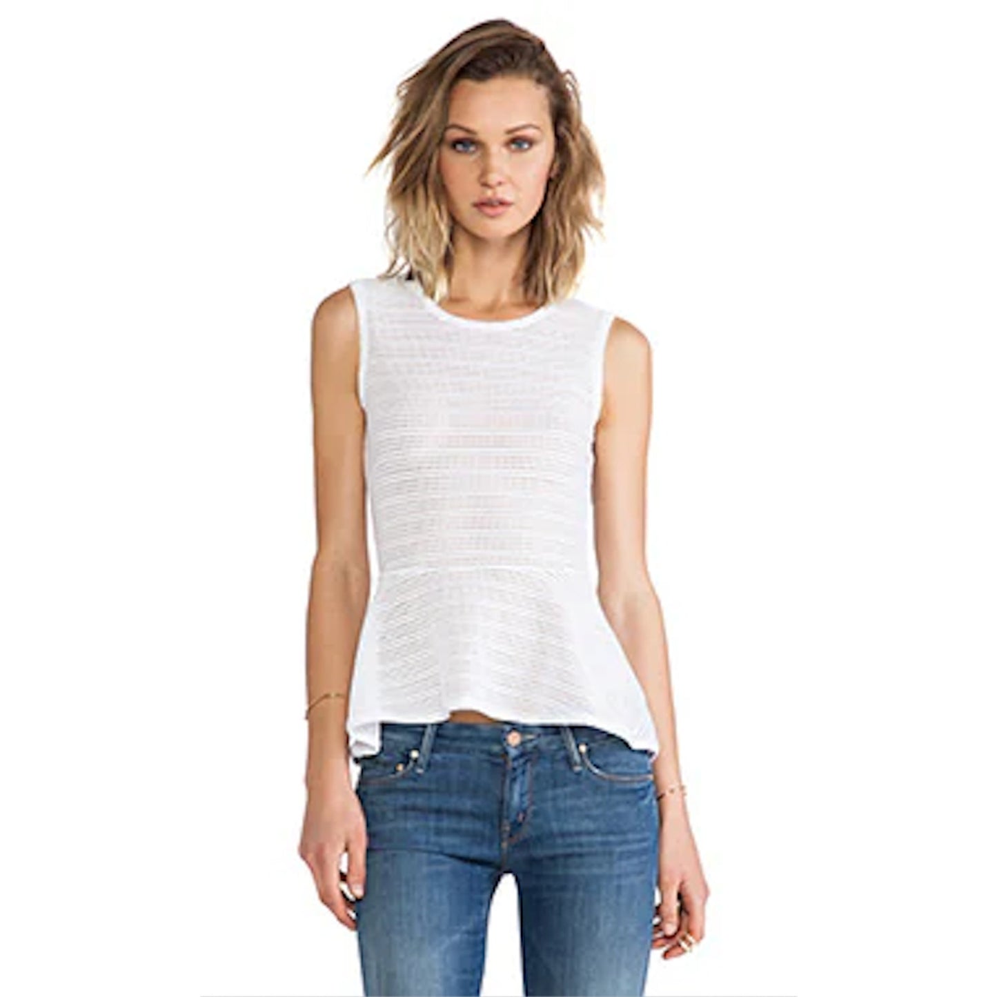 BCBGMAXAZARIA Evia Peplum White Laser Cut High Neck Sleeveless Back Zip Top XS