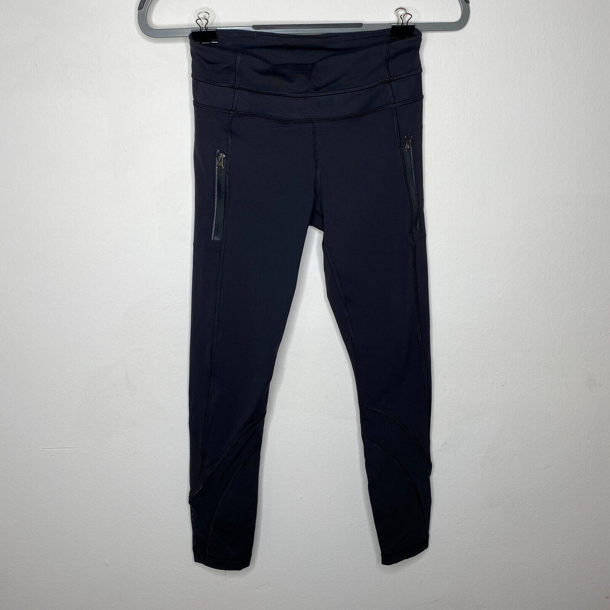 Lululemon Black Side Hip Zip Pockets Mesh Detail Waist & Ankle 7/8 Leggings 4