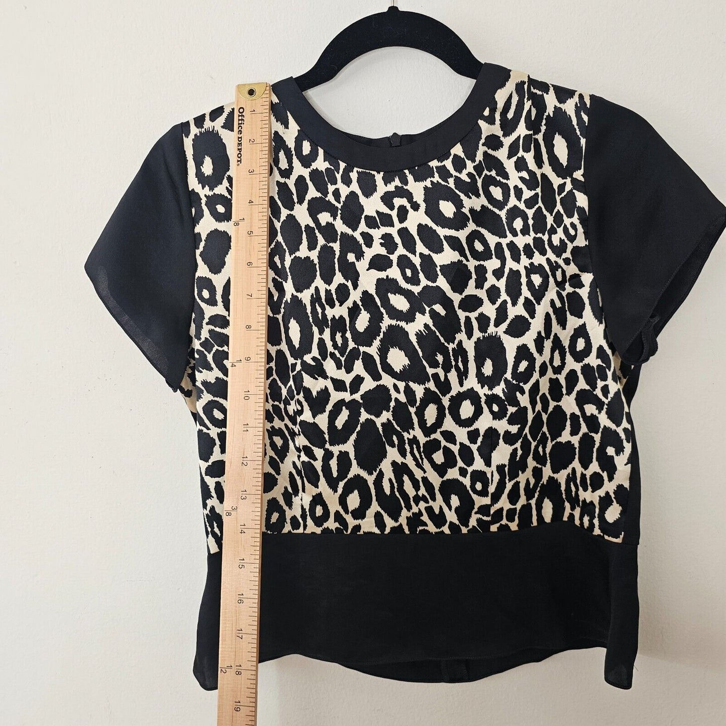 ASV Asava Black & Cheetah Print Satin Short Sleeve Back Zip Peplum Blouse 8