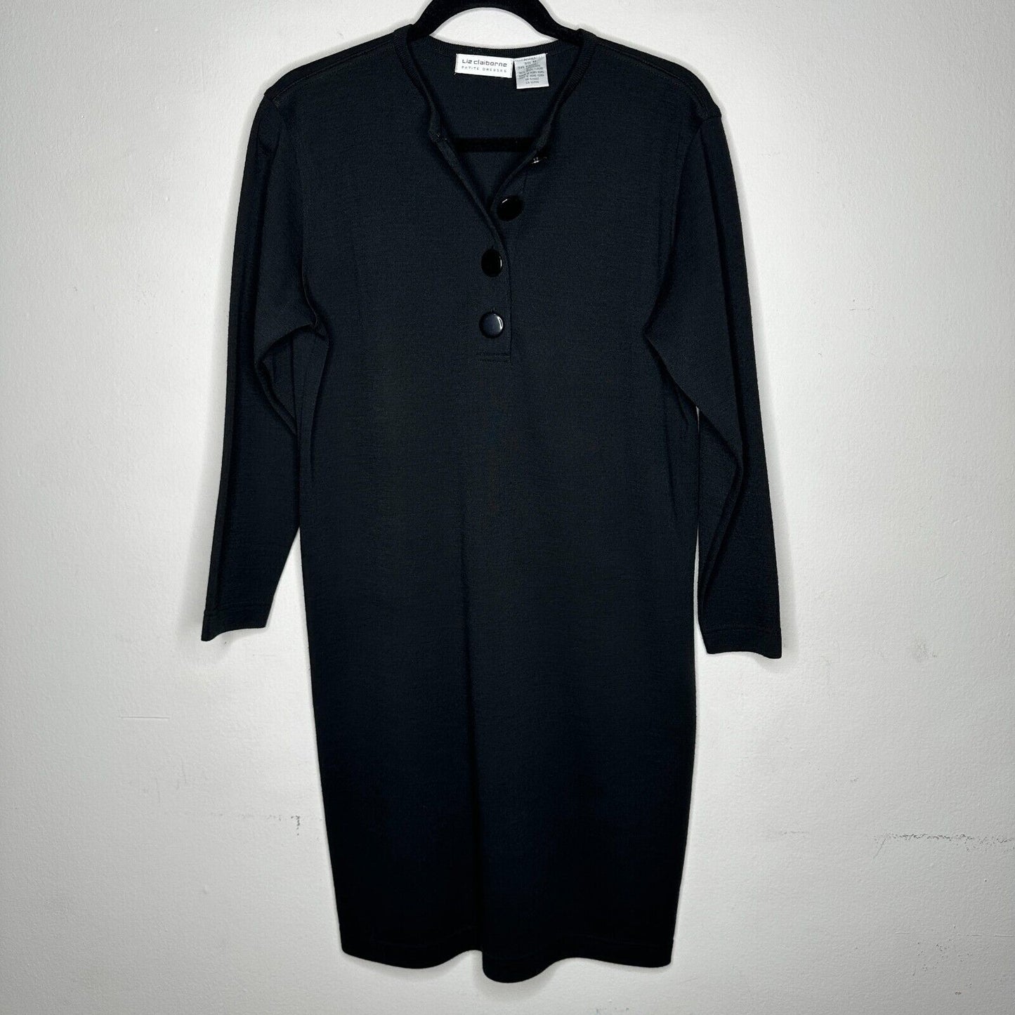 Liz Claiborne Black Henley V-Style Half Button 3/4 Sleeve Wool Dress M