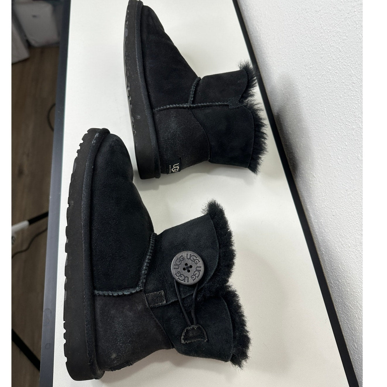 UGG Black Suede Furry Mini Bailey Button Ankle Boot 6