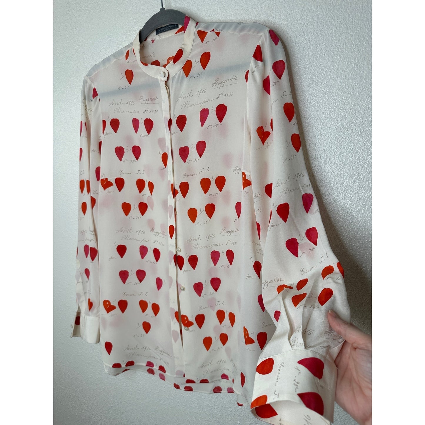 Alexander McQueen Silk Cream Red Pink Petal Long Sleeve Blouse 42 / 10