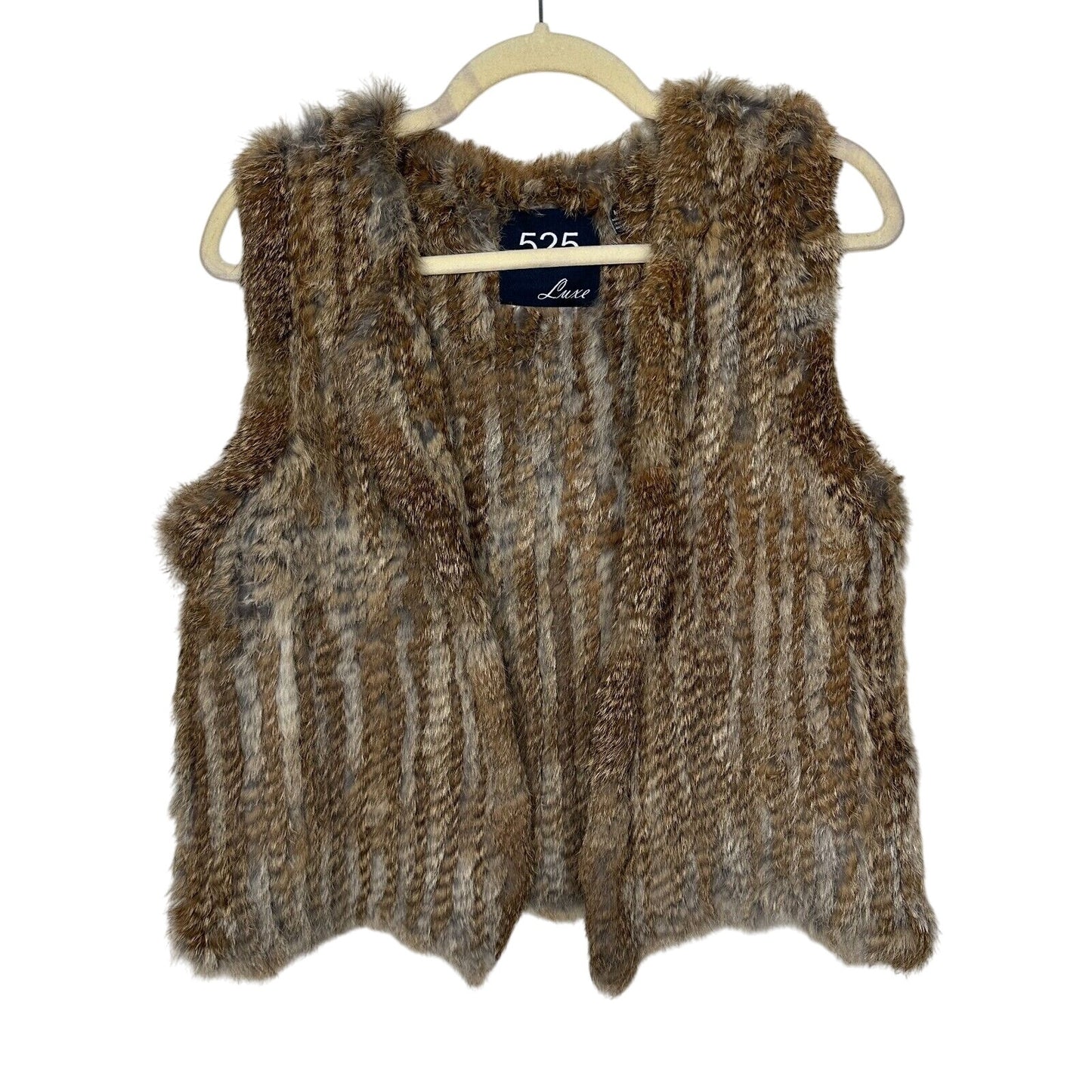 525 America Soft Luxe Genuine Rabbit Fur Sleeveless Open Vest Brown Cream Medium