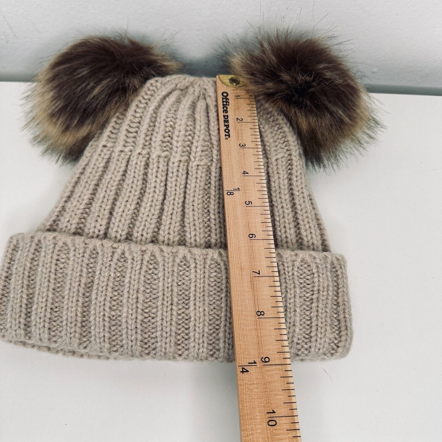 Arctic Paw Tan Cream Lined Thick Cable Knit Beanie 2 Brown Faux Fur Pom Poms OS