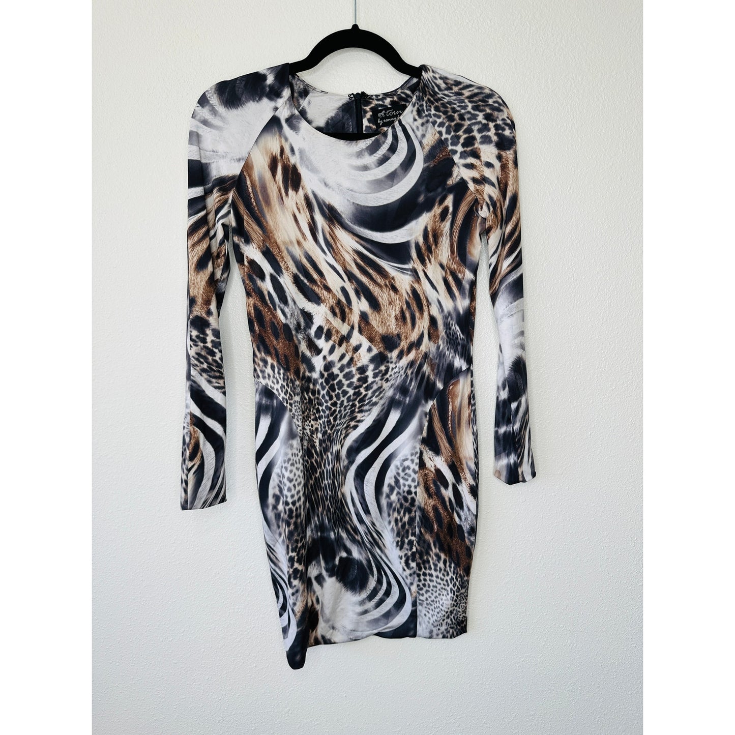 Torn by Ronny Kobo Black White Brown Animal Print Long Sleeve Bodycon Dress S