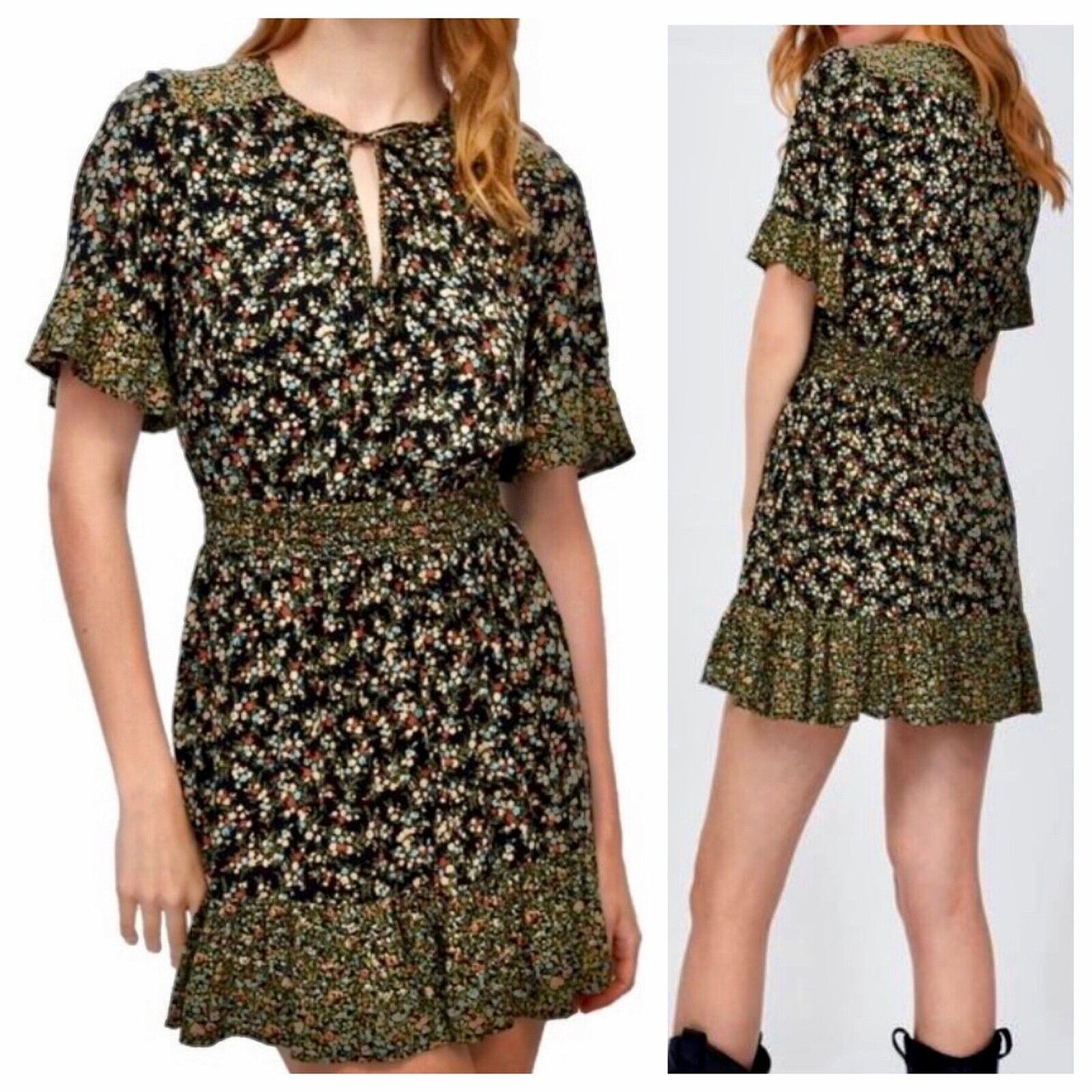 Zara Peasant Boho Black Multi Floral Tiered Ruffle Mini Sundress Tie Front Small