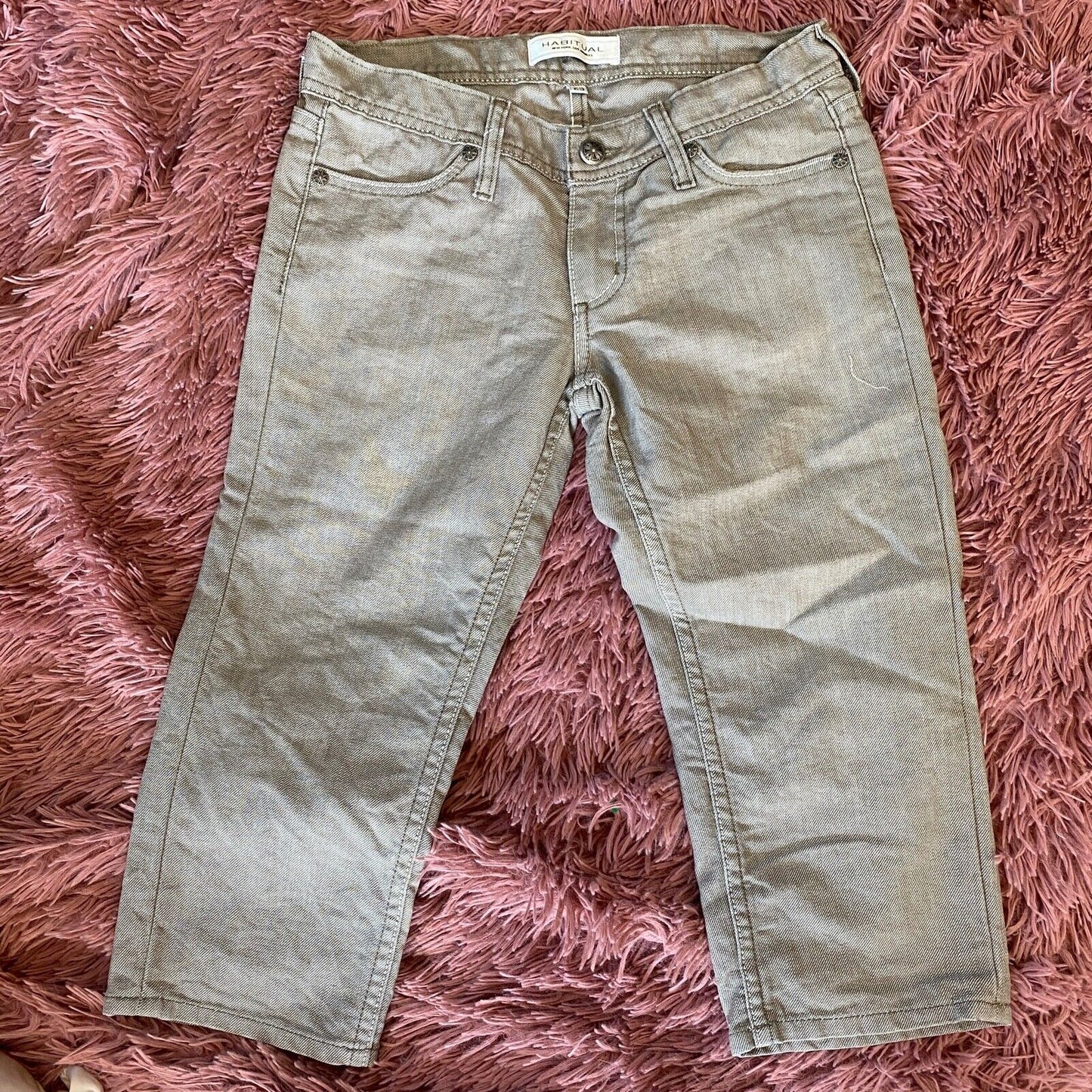 VTG Habitual Gray Taupe Low Rise Bermuda Long Line Design Pocket Denim Shorts 25