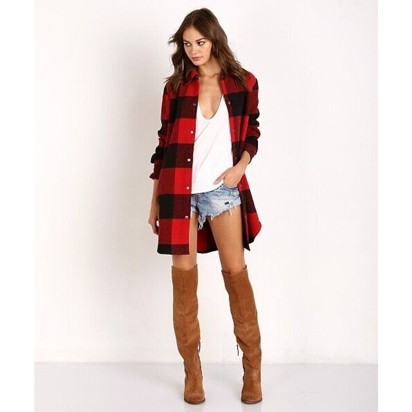 BB Dakota Red Black Buffalo Plaid Snap Front Long Sleeve Shirttail Hem Jacket S