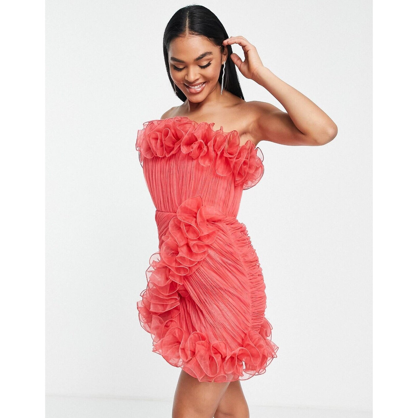 ASOS Design Red Bodycon Ruffle Mesh Bandeau Neck Strapless Mini Dress 4