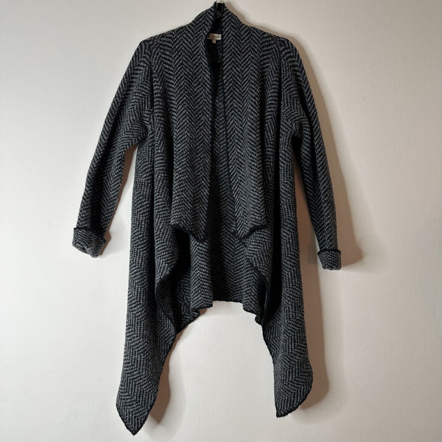Cocogio Gray & Black Herringbone Waterfall Collar Cardigan Asymmetrical Hem L