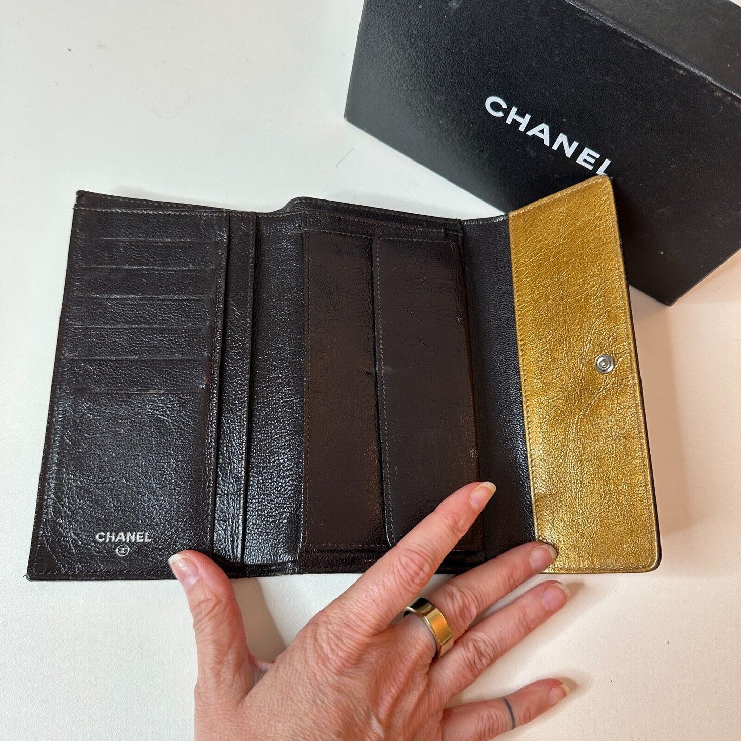 Authentic Chanel Tri-Fold Wallet Gold & Black Interior Trim Leather gold CC Logo