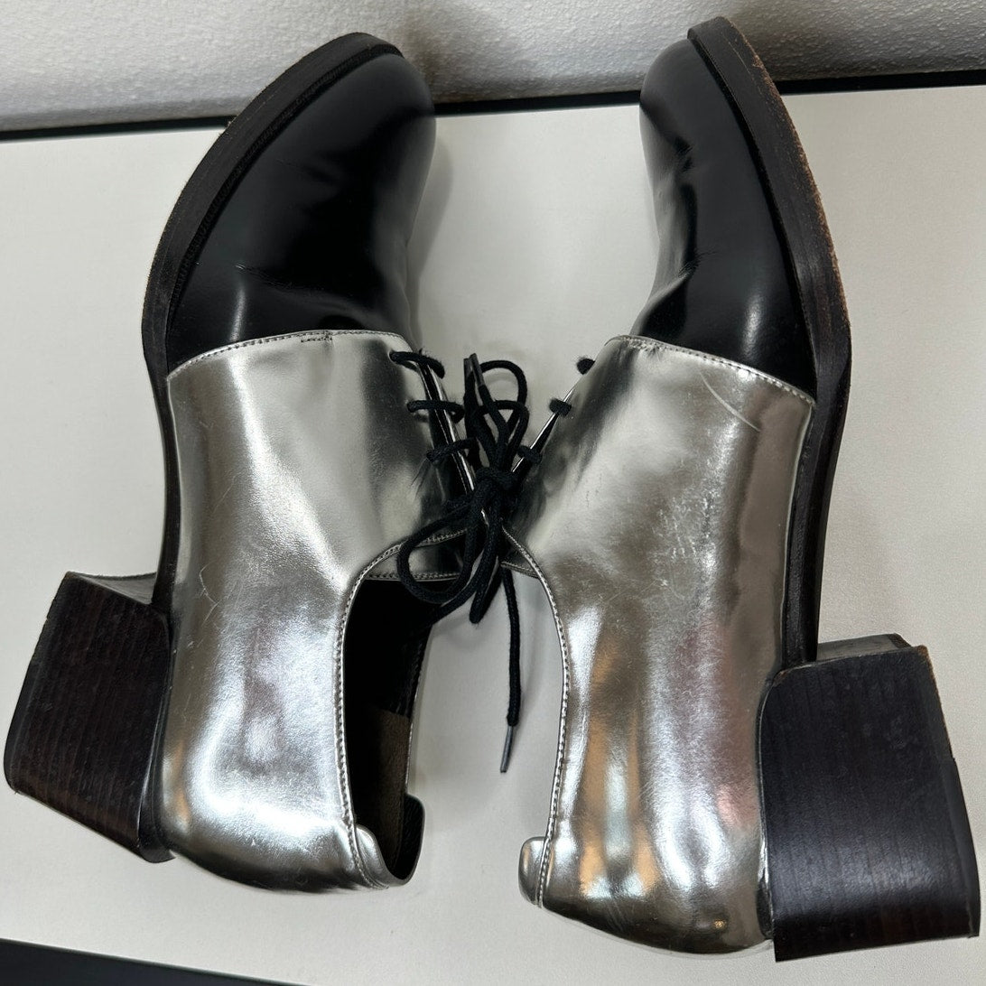 3.1 Phillip Lim Jillian Metallic Silver Shiny Black Oxford Tie Shoe 38 / 7.5