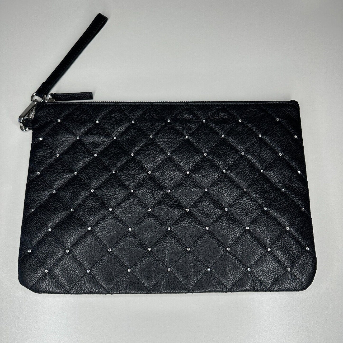 NIB Swarovski Black Quilted Leather & Crystals Zip Close Leather Strap Clutch