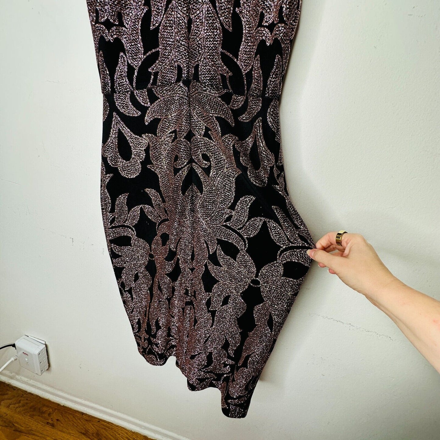 B&A Betsy & Adam Black and Rose Gold Glitter Sleeveless Fitted Halter Dress 6