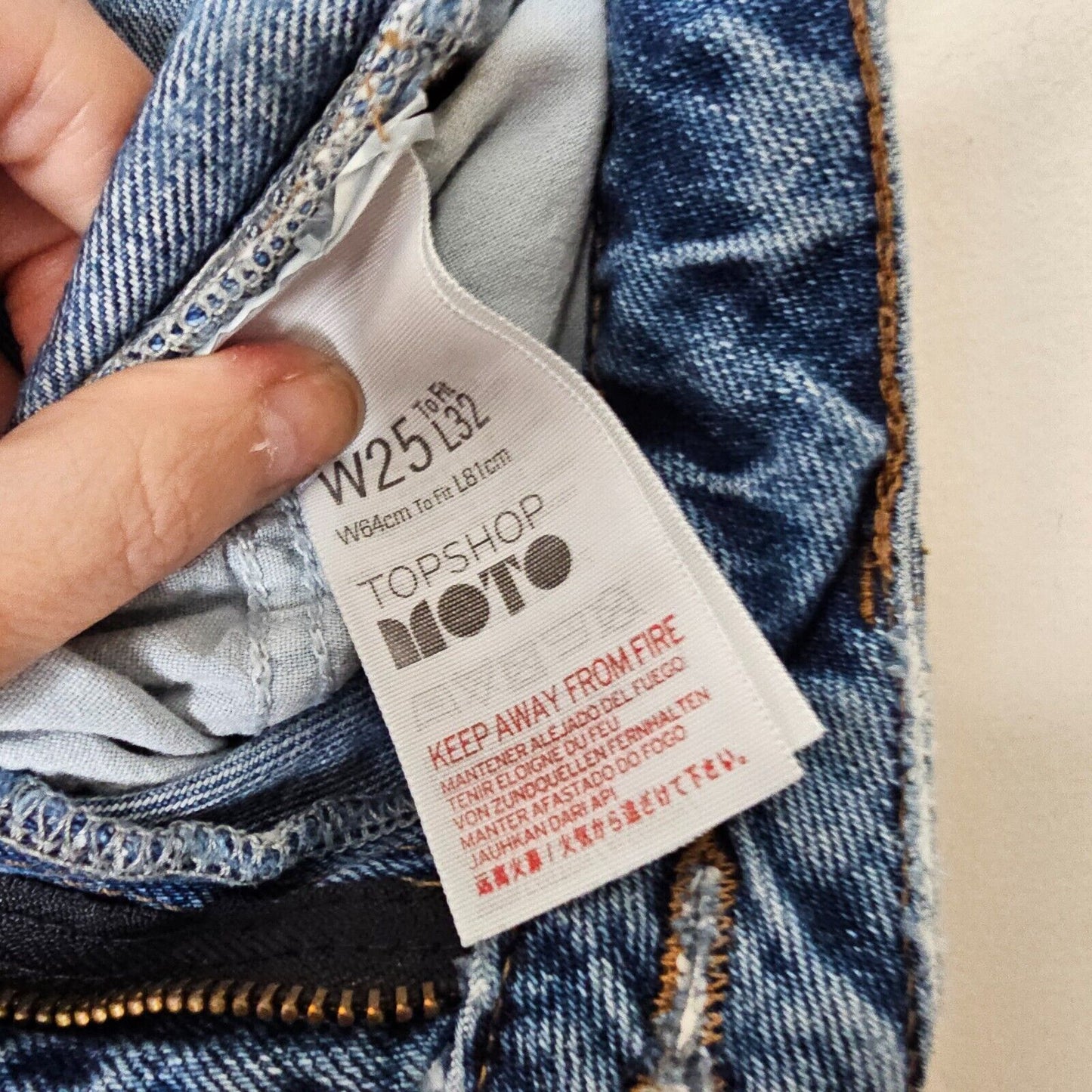 Topshop Medium Blue Wash Moto Mom Jeans 5-Pocket Distressed Straight Leg 25