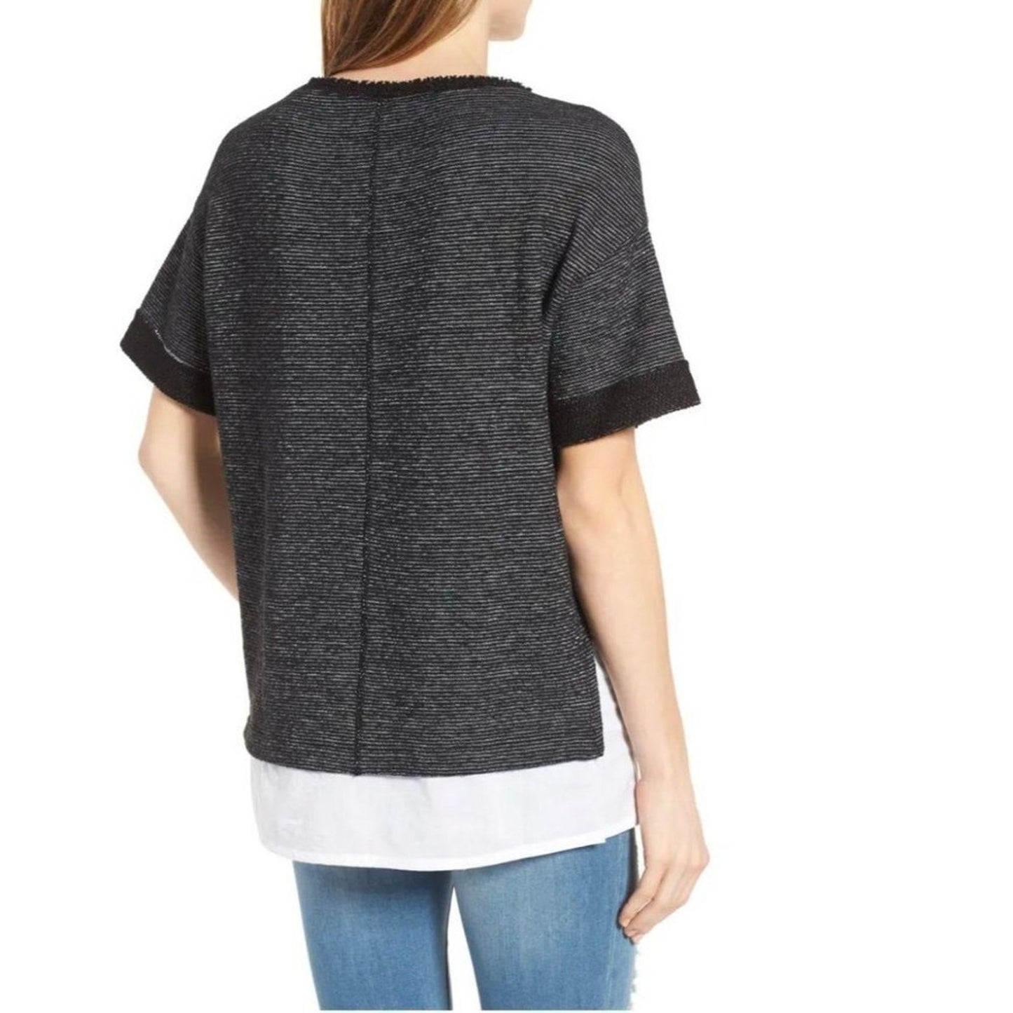 Caslon Black White Color Block Boxy Crewneck Woven Hem Striped Texture Top M