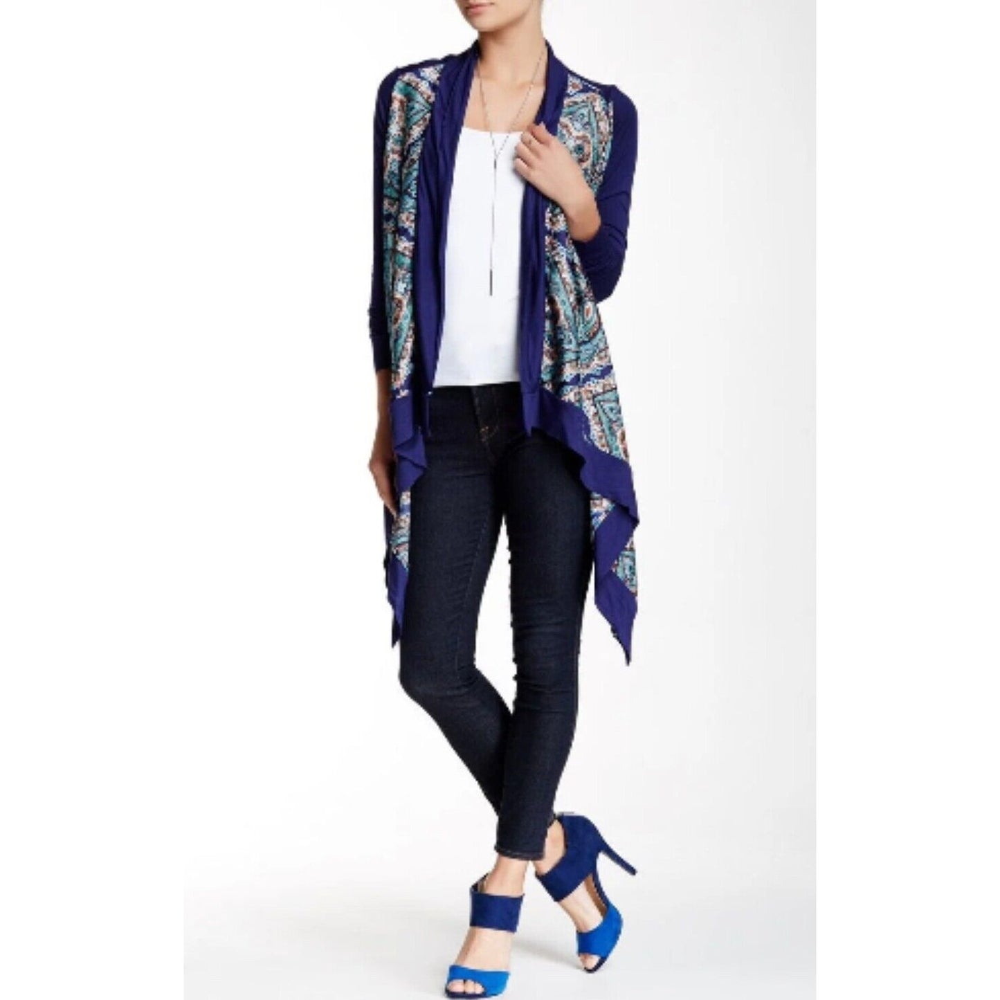 Vertigo Satin High Low Paisley Royal Blue Orange Long Sleeve Drape Cardigan S