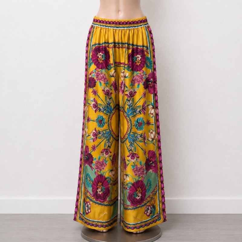 La DoubleJ Yellow Multi-Color Printed Silk Pull-on Palazzo Pant XL