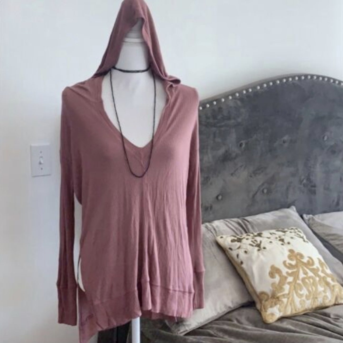 Mauve Pink Oversized Ribbed Knit Deep V long sleeve hoodie High Low Tee Top S