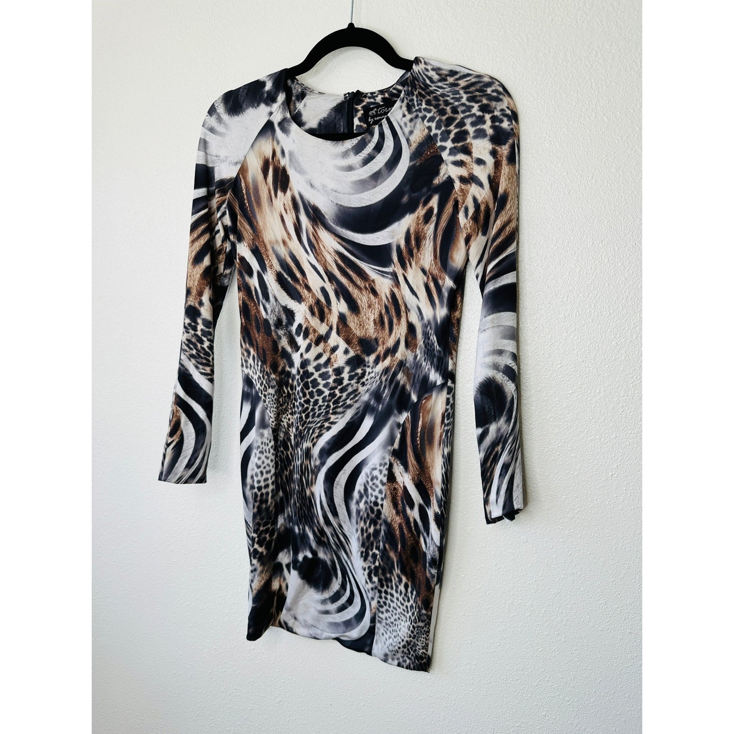 Torn by Ronny Kobo Black White Brown Animal Print Long Sleeve Bodycon Dress S