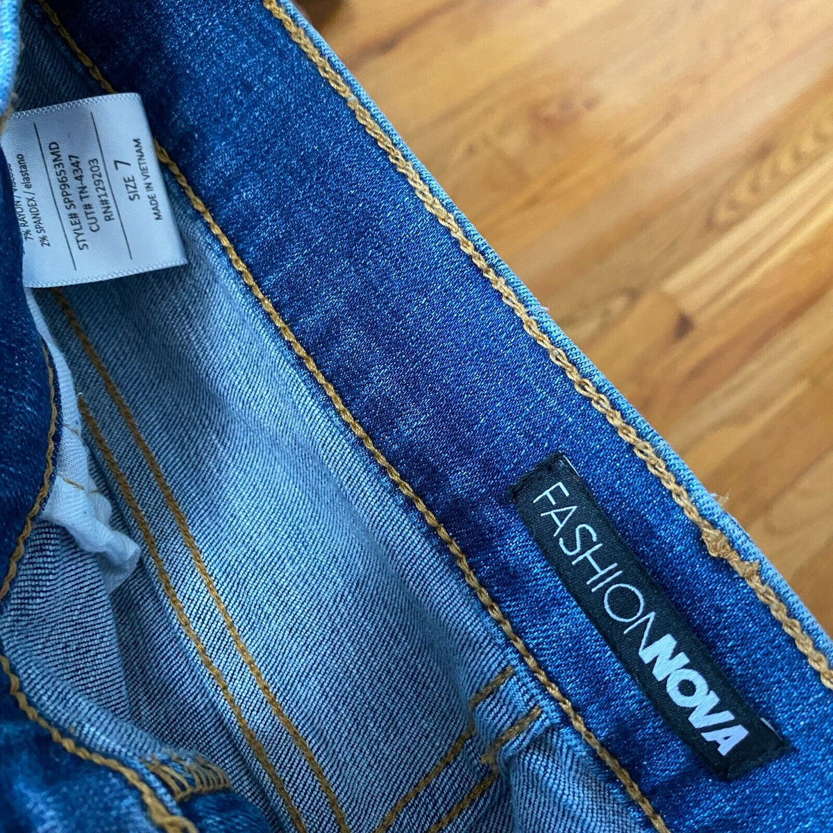 Fashion Nova Smiley High-Rise Distress Knees Jean Medium Blue Wash Raw Hem 7