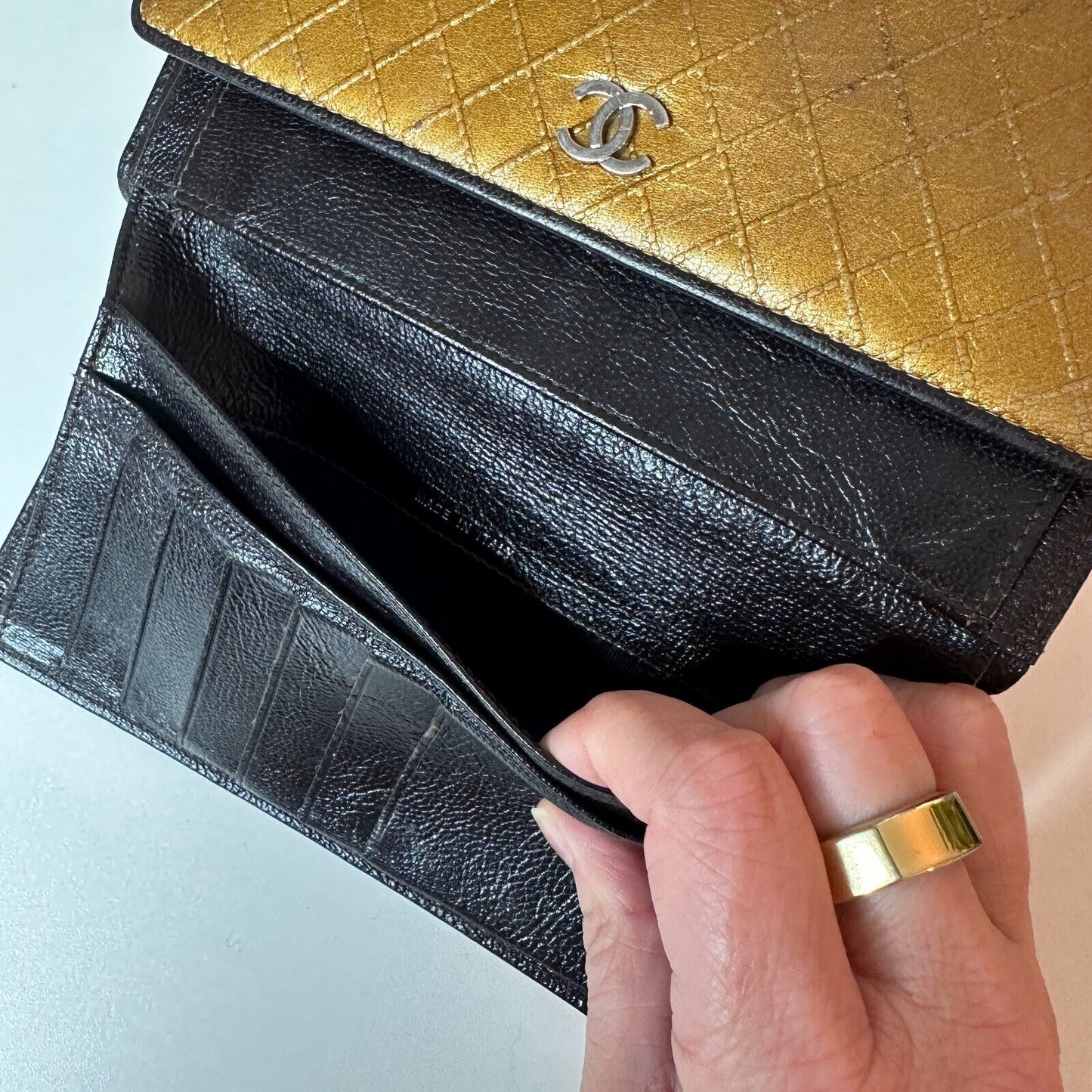 Authentic Chanel Tri-Fold Wallet Gold & Black Interior Trim Leather gold CC Logo